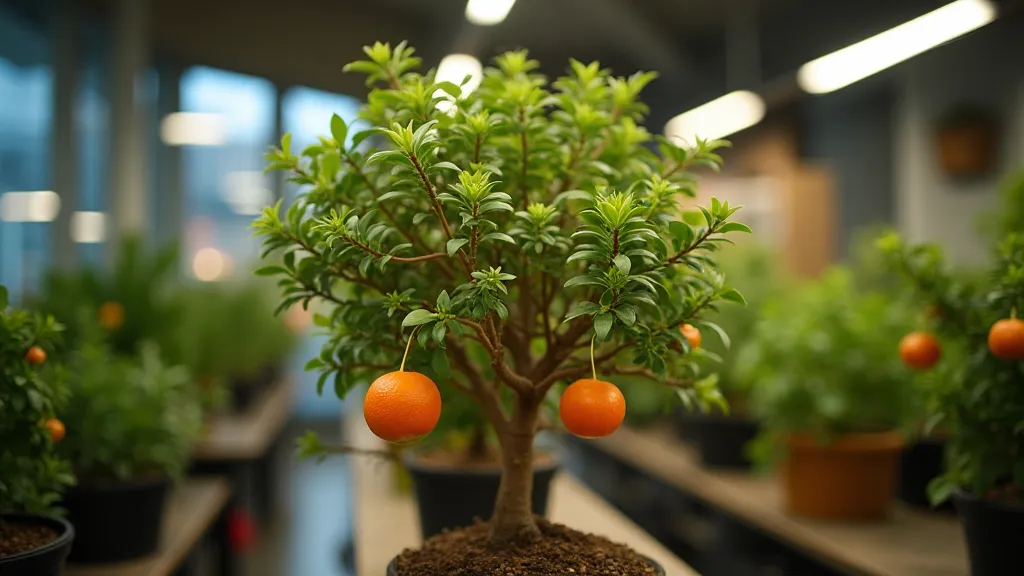 Dwarf citrus tree under grow lights
