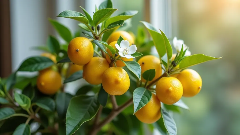 Dwarf lemon tree blooming in a sunny window