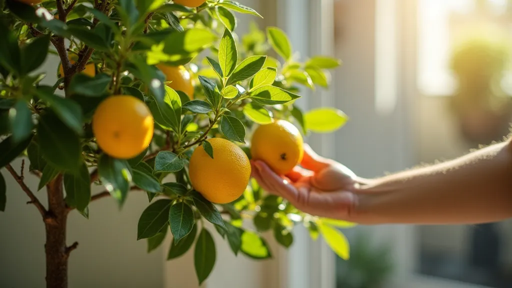Dwarf lemon tree laden with lemons in a living room