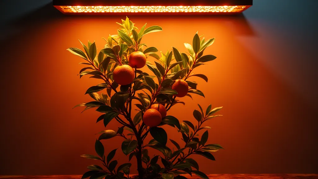Dwarf orange tree under LED grow lights