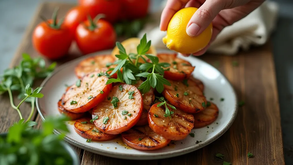 Lemon being squeezed over grilled fish
