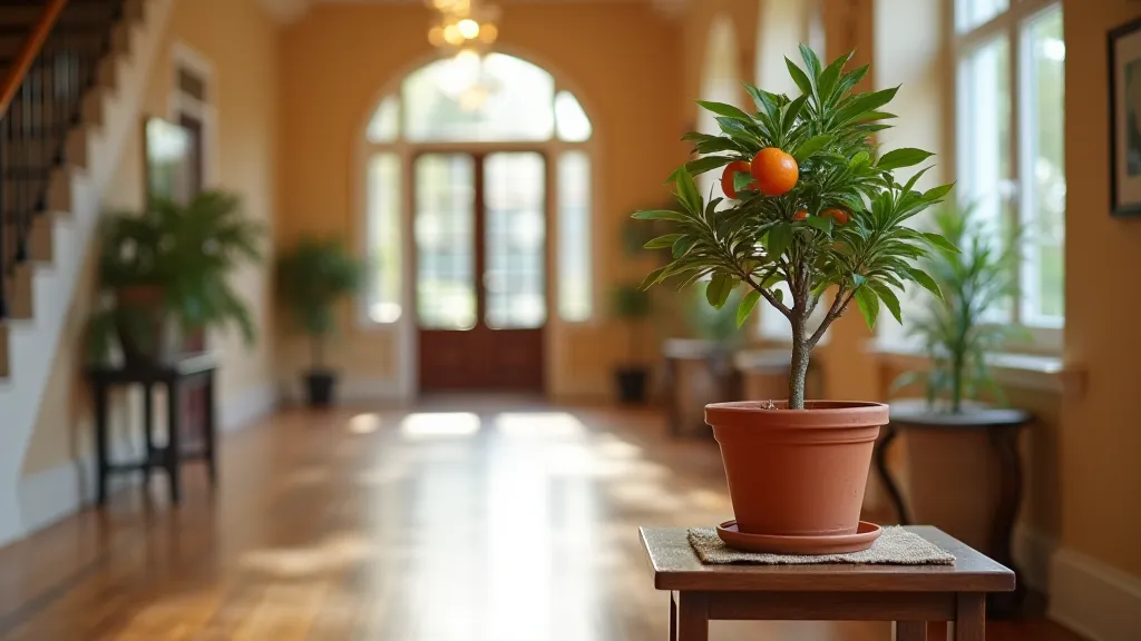 Dwarf orange tree in a hallway