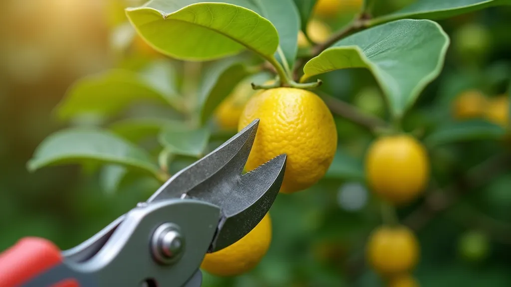 Pruning shears cutting a branch from a dwarf citrus tree