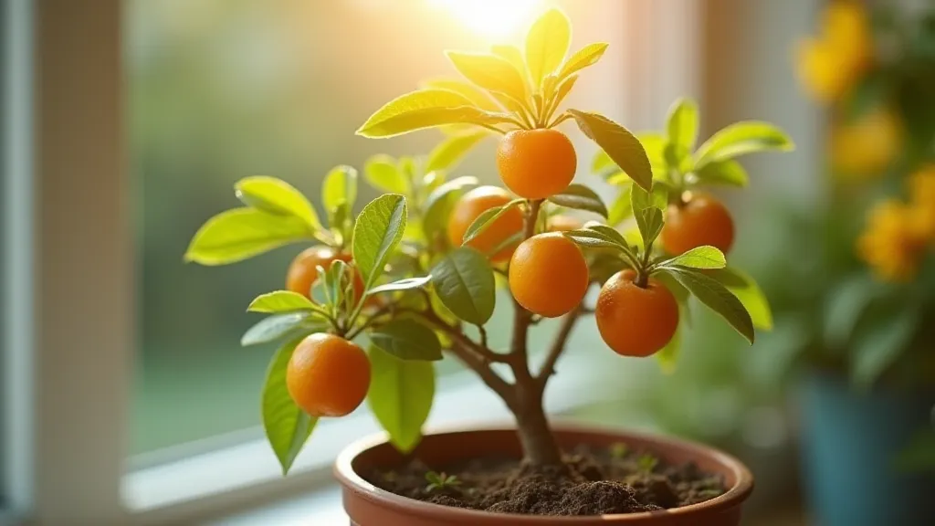 Healthy dwarf kumquat tree in a pot