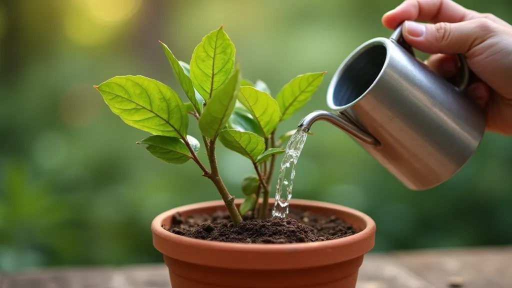 Hand watering a dwarf citrus tree