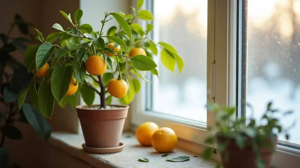 Dwarf citrus tree near a snow-covered window