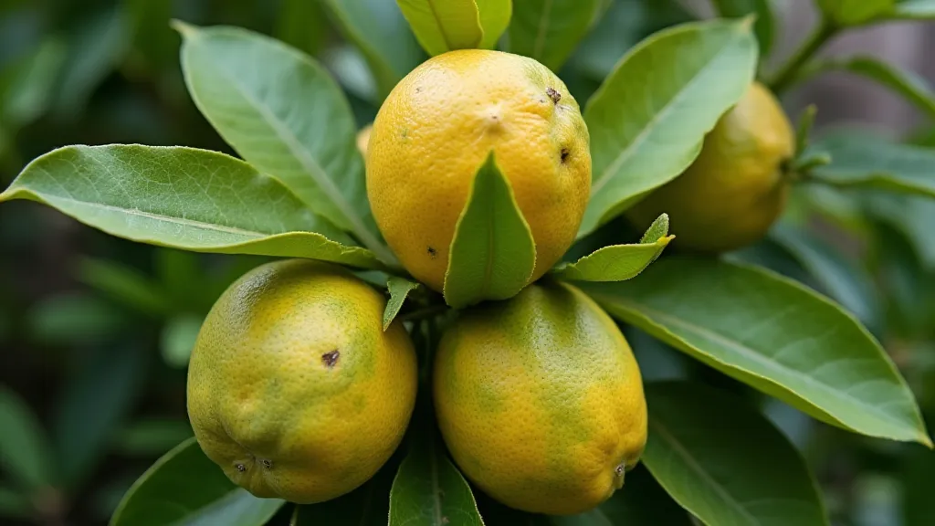 Lemon tree leaves showing varying patterns of yellowing